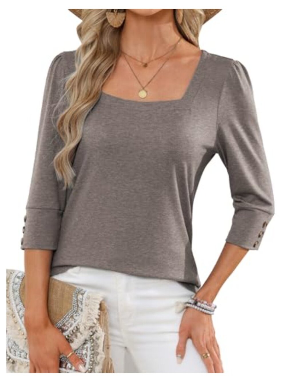 Womens Square Neck 3/4 Sleeve Button Blouse Dressy Casual Lightweight Top